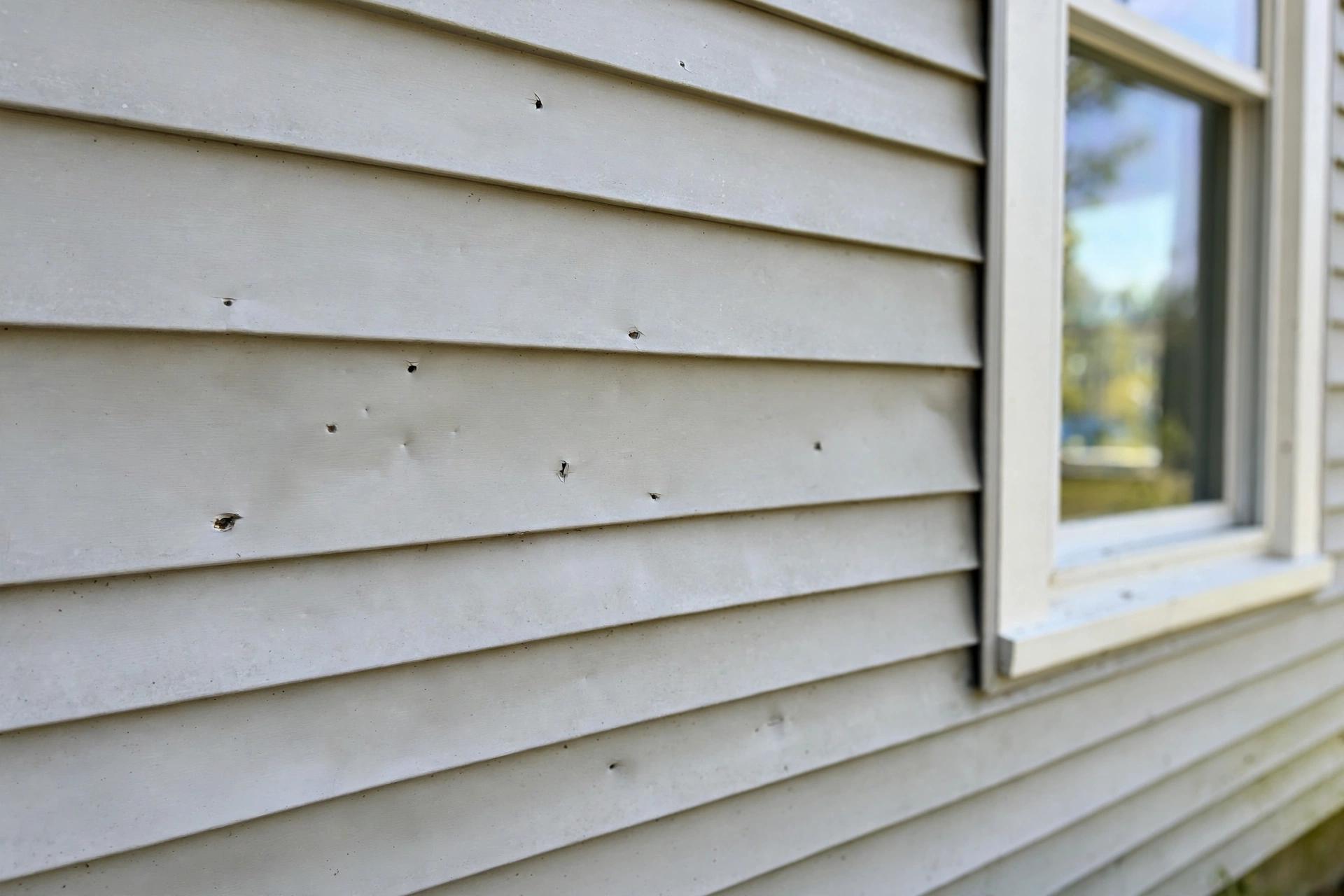 Light vinyl siding with small holes and cracked chips punched in it by hailstones, next to a window