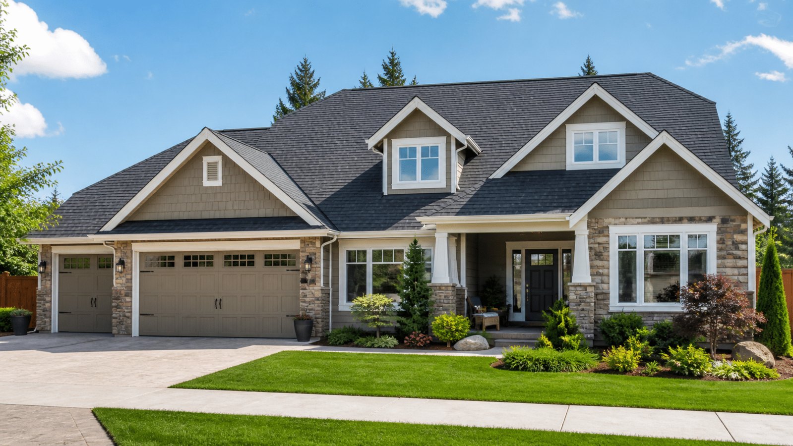 A suburban two-story home with a dark shingled roof, stone accents, and a green front lawn under a blue sky